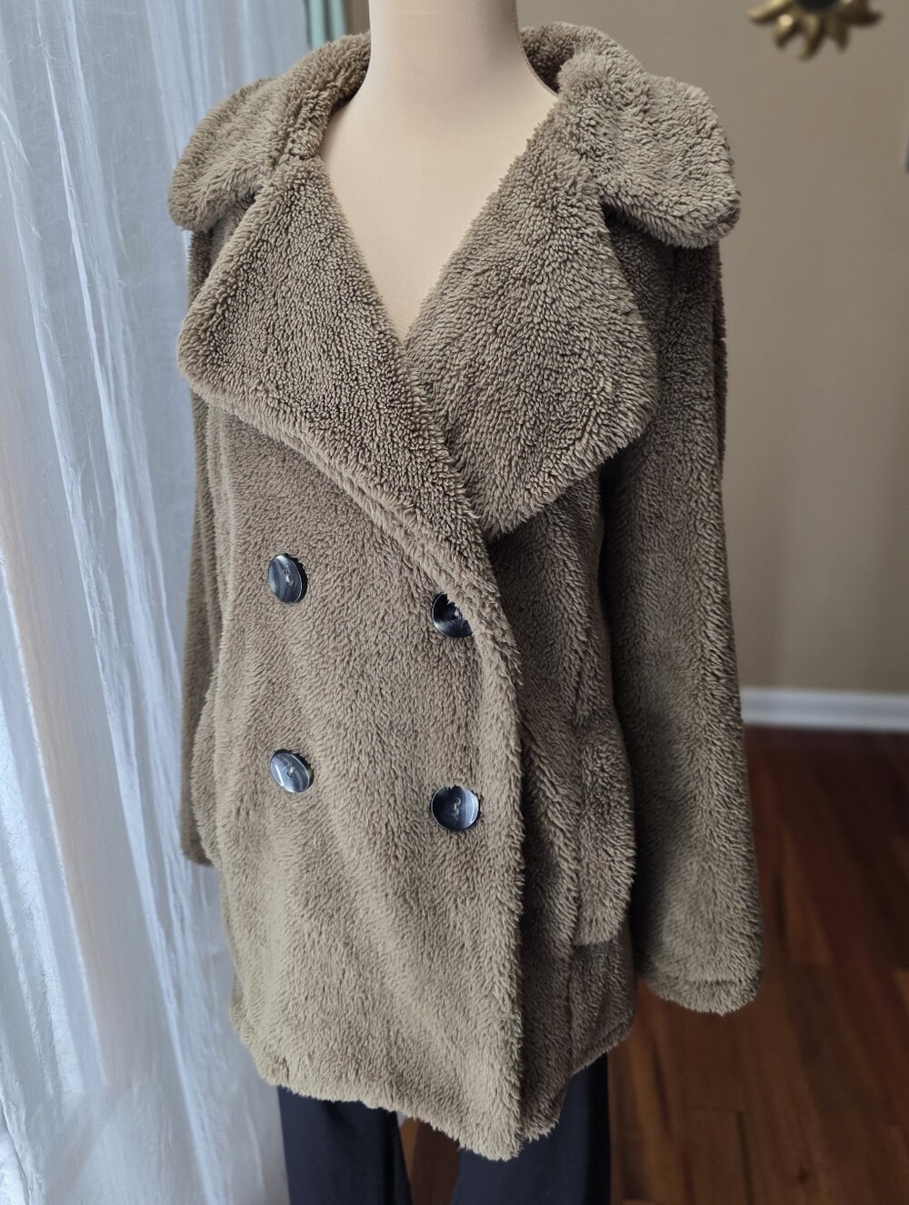 Altar'd State Teddy Coat Jacket M Brown Plush Faux Shearling Double Breasted